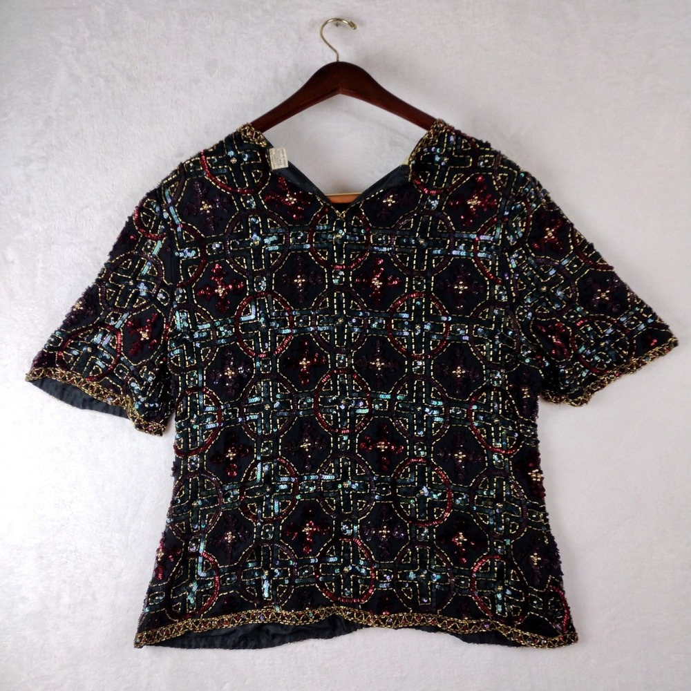 Vintage Scala Silk Beaded Sequin Blouse Black Gold Burgundy Geometric Top L